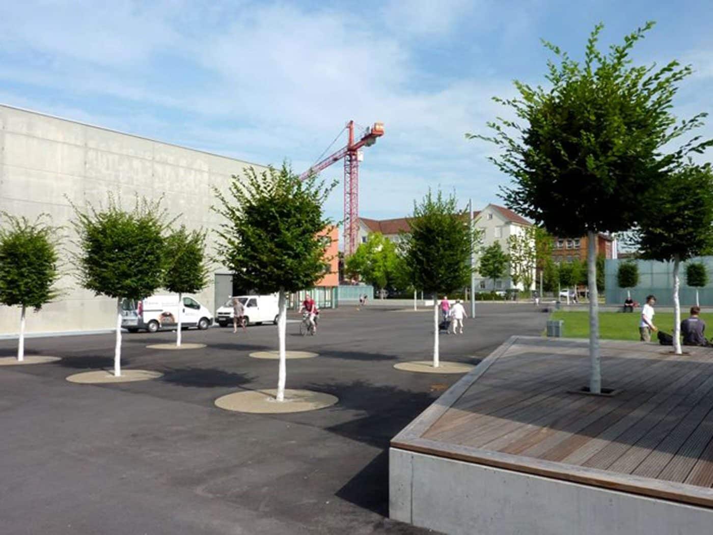 Aus dem Parkplatz ist nach der Umgestaltung einen betonierter Platz mit Sitzmöglichkeiten, einer Grünfläche und Baumpflanzungen geworden.